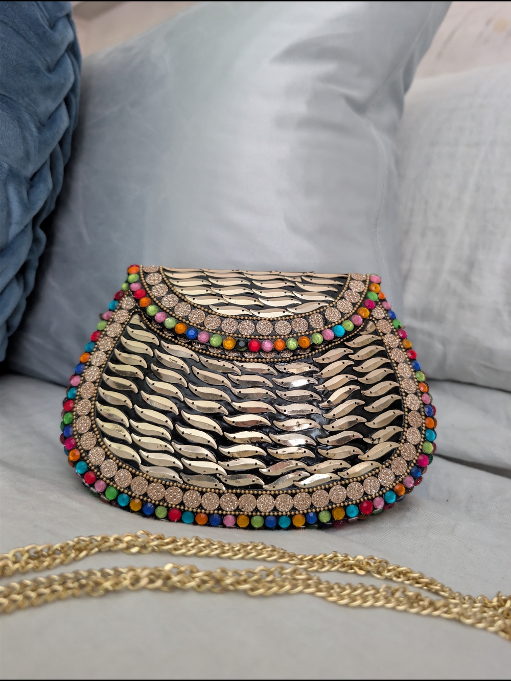 NWT RAMLA Handmade Embellished Metallic Gold Multi Gem Clutch Crossbody